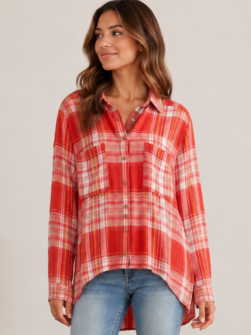 Pilcro Anthropologie Deep Orange Plaid Button Down High Low Hemline Top Sz S